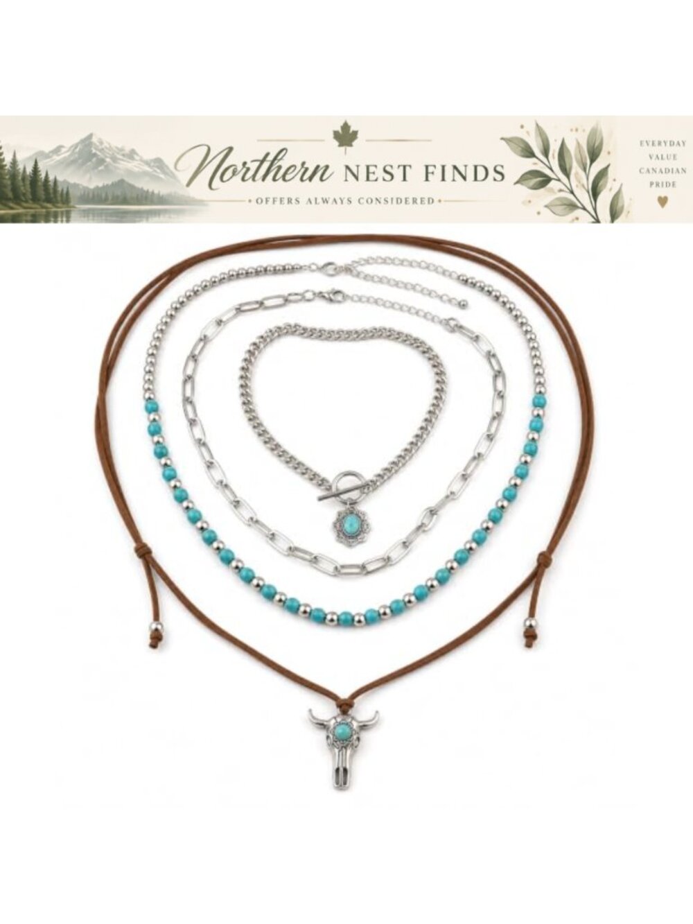 Turquoise Layered Necklace Silver-Plated Alloy Bull Skull Western Cowgirl Boho